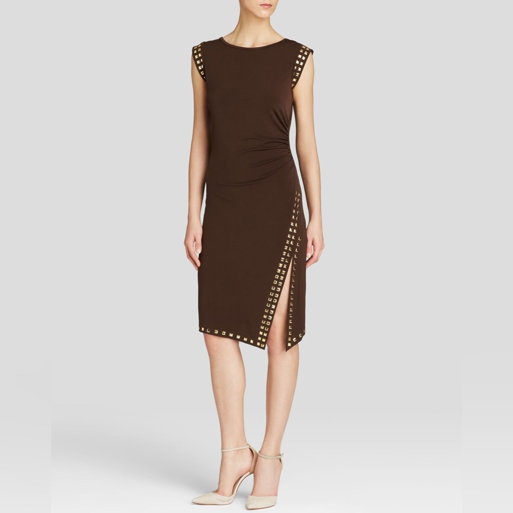Michael Kors Petite Brown Studded Jersey Dress